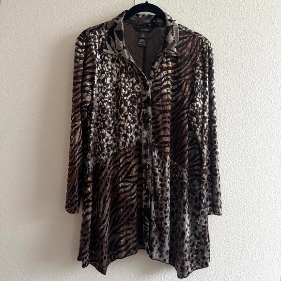 Ali Miles Velvet Velour Burnout Mixed Animal Print Blouse 3/4 Sleeve Boho - Picture 2 of 12